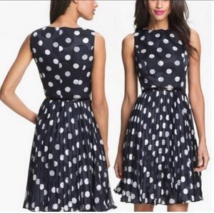 Adrianna Papell Navy White Polkadots Pleated Dress